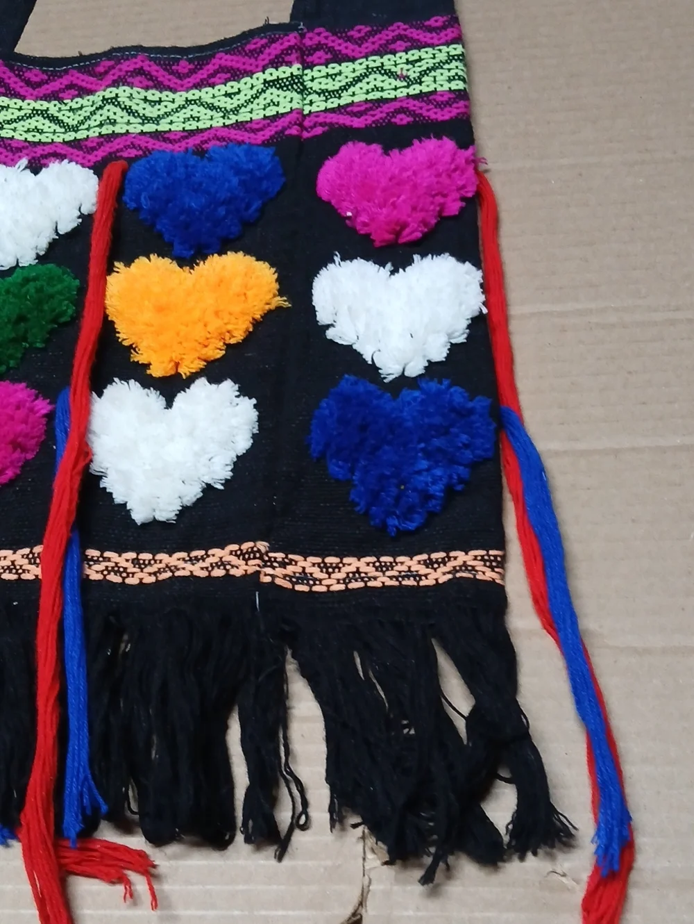 Boho Woven Fabric Hobo Shoulder Bag Black Fringe w/ Multicolor Fuzzy Hearts